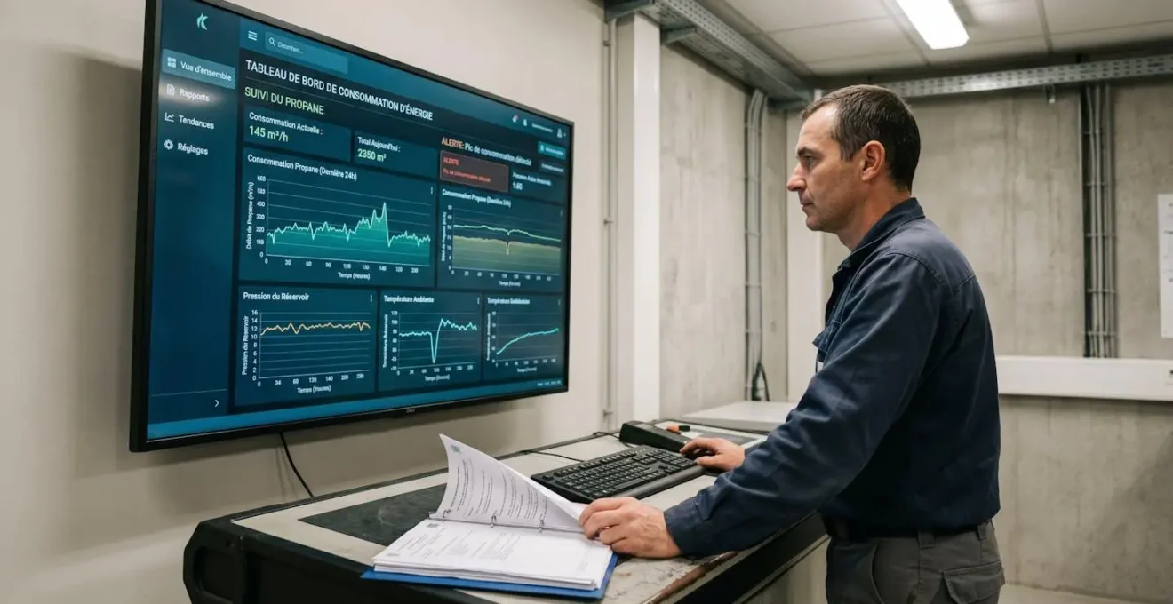 Responsable de production consultant un tableau de bord de monitoring énergétique sur grand écran affichant des données de consommation de propane en temps réel avec graphiques et alertes