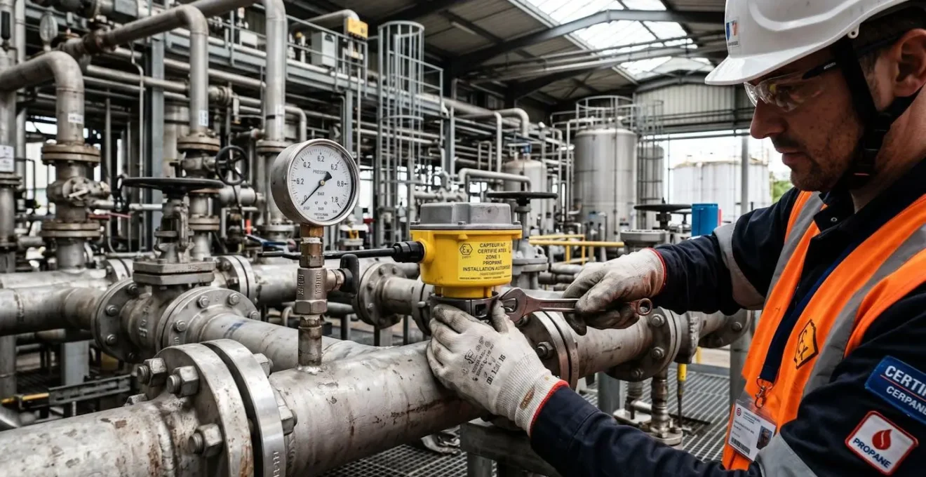 Technicien en équipement de sécurité complet (casque, gants, gilet haute visibilité) installant un capteur IoT certifié ATEX sur une tuyauterie de propane industrielle avec étiquette de certification visible