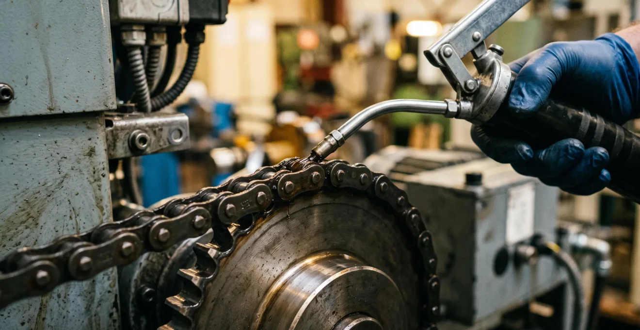Gros plan sur une chaîne de transmission industrielle en cours de lubrification par un technicien de maintenance