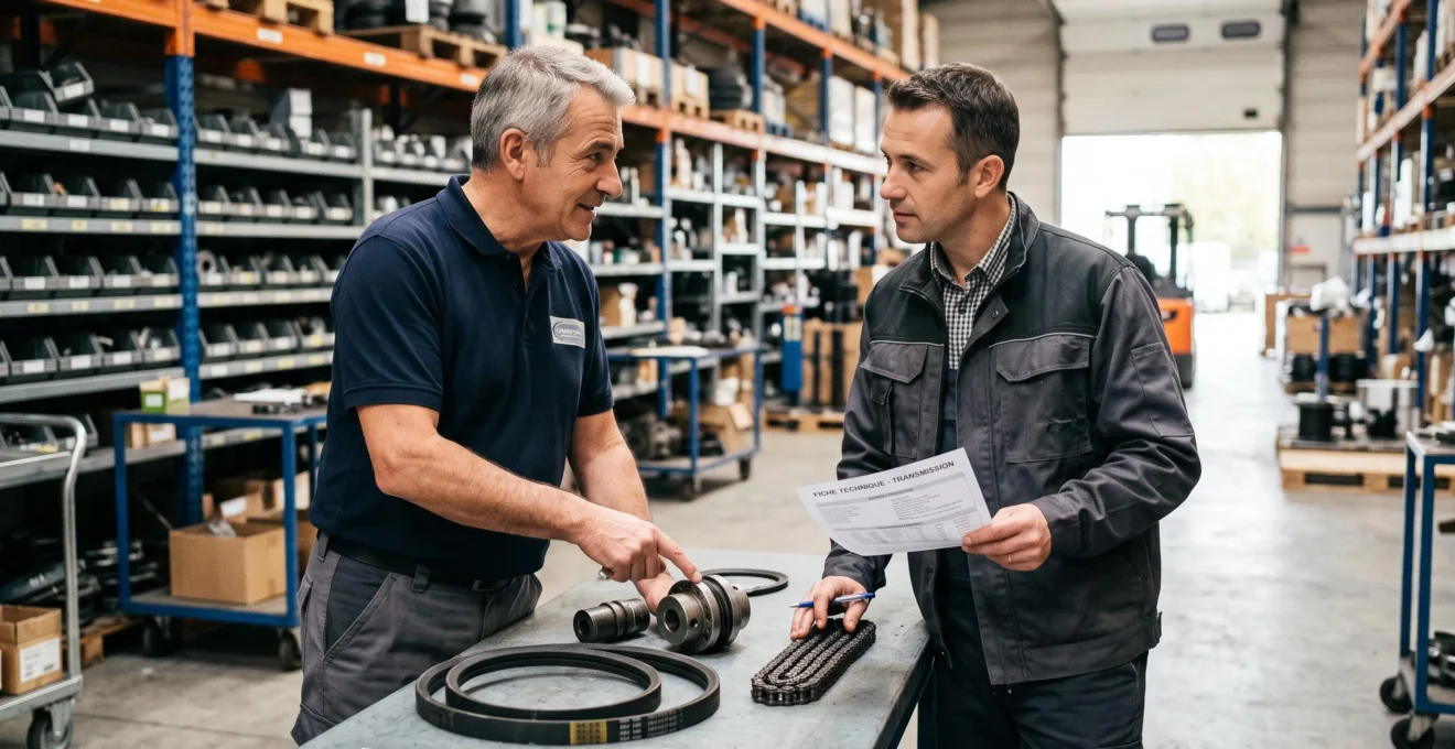 Représentant technique d'un distributeur industriel conseillant un responsable maintenance sur le choix entre différents systèmes de transmission