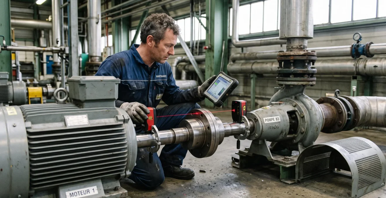 Technicien utilisant un outil d'alignement laser pour vérifier un système de transmission directe par accouplement